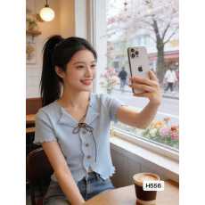 批发法式温柔风V领别致纽扣<b class='q'>荷叶边</b>拼接短袖