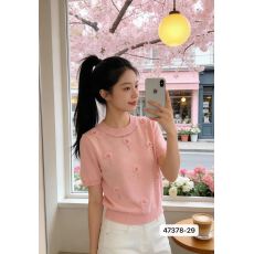 批发温柔清新圆领立体花钉珠短袖上衣女