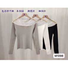 批发设计感重工烫钻网纱拼接露锁骨<b class='q'>长袖</b>上衣