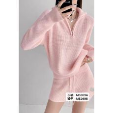 批发<b class='q'>韩版</b>休闲玻璃格纹针织<b class='q'>长袖</b>+高腰宽松抽绳短裙两件套