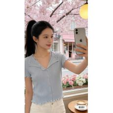 甜美减龄V领蕾丝拼接木耳边针织短袖上衣女