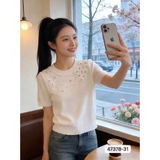 韩系温柔甜妹风立体花朵点缀套头短袖