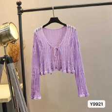 批发温柔甜美V领镂空针织纹理木耳边防晒衣