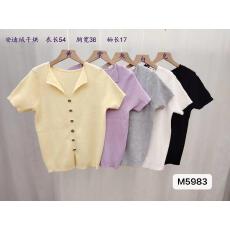 韩系气质优雅风翻V领坑条显瘦排扣套头短袖