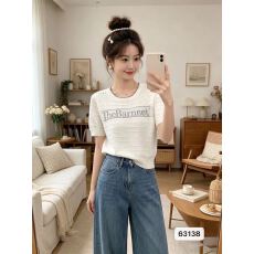 批发韩系气质花边圆领字母<b class='q'>镂空</b>提花针织短袖