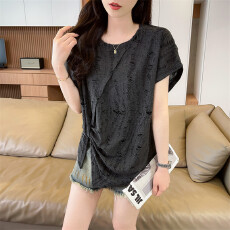 批发不规则设计感别致开叉短袖<b class='q'>t</b><b class='q'>恤</b>女夏季2026新款宽松大码小个子上衣