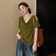 批发人棉随心裁绿色设计荡领露肩短袖<b class='q'>T</b><b class='q'>恤</b>夏复古时尚巨显瘦上衣女