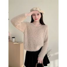 批发韩系高级重工钉珠圆领套头毛衣女<b class='q'>春</b>季外穿长袖百搭针织衫