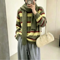 批发带围巾绿色条纹设计感加厚毛衣2026简约女冬季慵懒宽松好看上衣