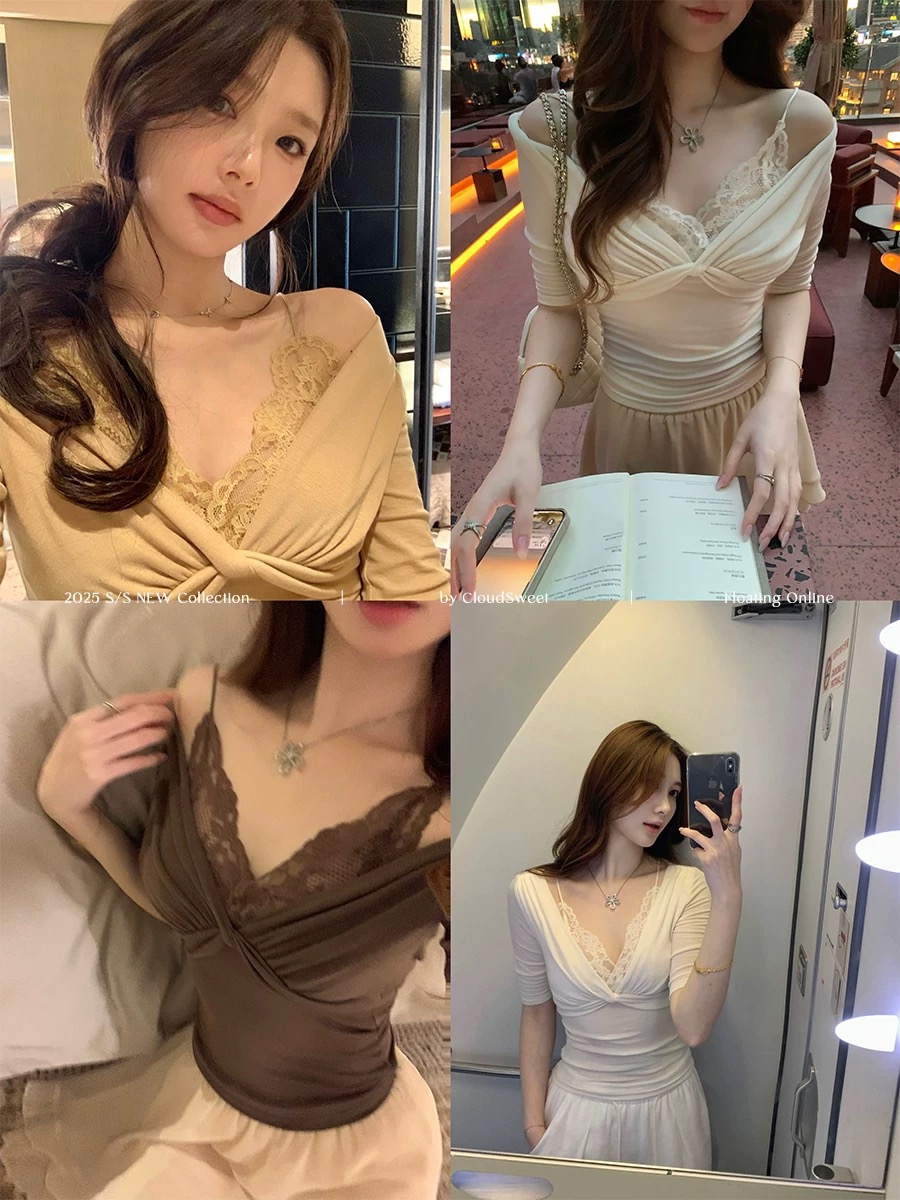 FA34656# 白云甜软软香香假两件拼接T恤女蕾丝露肩短袖修身上衣 服裝批發女裝批發服飾貨源