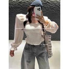 批发直邮<b class='q'>韩国</b><b class='q'>代购</b>INS博主25早秋 甜美垫肩泡泡袖修身花边纯色长袖<b class='q'>T</b><b class='q'>恤</b>