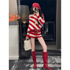 批发韩版慵懒风条纹一字肩针织上衣显瘦短裤两件套女秋季辣妹时尚套装