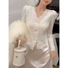 批发乐云物语 法式优雅蕾丝V领<b class='q'>长袖</b><b class='q'>小衫</b>女2025秋季新款精致气质上衣潮