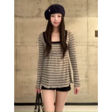 批发韩系复古条纹显瘦u领长袖<b class='q'>t</b><b class='q'>恤</b>女春秋甜酷气质百搭<b class='q'>原宿风</b>别致上衣潮