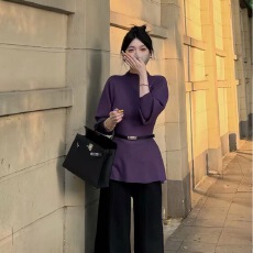 批发慵懒风紫色半高领蝙蝠袖针织衫女秋冬小众设计感<b class='q'>宽松</b>显瘦毛衣上衣