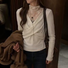 批发设计感小众蕾丝拼接长袖T恤女2025秋冬新款韩版交叉显瘦<b class='q'>打底衫</b>潮