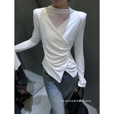 批发2025秋冬磨毛绒新款纯欲显瘦交叉褶皱设计感v领长袖T恤<b class='q'>打底衫</b>女