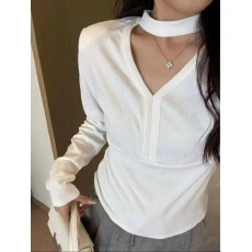 批发设计感挂脖V领长袖T恤女2025秋季新款修身显瘦时尚百搭<b class='q'>打底衫</b>上衣