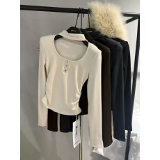 批发2025新款秋冬韩版时尚设计镂空收腰纯色圆领磨毛长袖<b class='q'>打底衫</b>上衣女