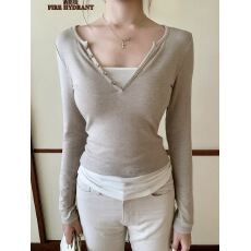 Xzichic乐基尔同款天丝羊毛港风长袖T恤叠穿假两件V领打底衫上衣