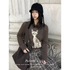 批发咖绒软糯美拉德咖色毛衣女秋<b class='q'>冬</b>猫咪提花圆领针织衫慵懒上衣潮