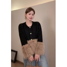 批发2025秋<b class='q'>冬</b>黑色名媛气质小众韩版拼色仿狐狸毛水貂绒环保毛外套女