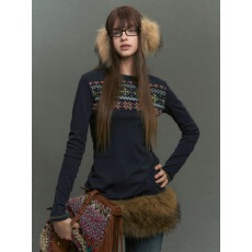 批发NECY 费尔岛印花长袖女秋季慵懒舒适内搭打底衫修身显瘦外穿上衣