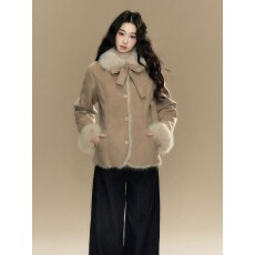 批发李梓仙蝴蝶结撞色收腰皮毛一体<b class='q'>外套</b>女2025年新款小个子