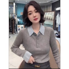 批发气质假两件拼接撞色翻领长袖<b class='q'>针织衫</b>2025早秋新款轻奢舒适通勤上衣