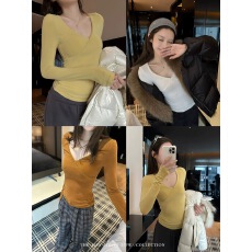 批发宁司 蕾丝边V领正肩长袖T恤女秋冬韩系设计感<b class='q'>修身</b>显瘦打底衫上衣