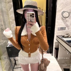 批发KIYOMI毛毛拼接绵<b class='q'>羊绒</b>单排扣短款长袖毛衣辣妹修身拼接针织衫上衣