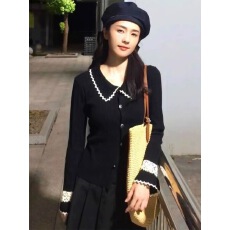 批发白鹿同款秋季新美式甜辣风撞色勾花拼接长袖针织开衫秋季百搭上衣