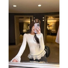 批发地球店白色精致蕾丝边打底针织衫女秋冬内搭显瘦修身长袖T恤上衣