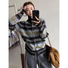 批发7720【美西MEICI<b class='q'>女装</b>】韩版时尚复古条纹针织开衫上衣11.13