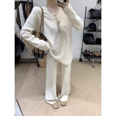 批发华夫格磨毛套装女2025秋冬新款V领长袖打底衫阔腿休闲长裤两件套
