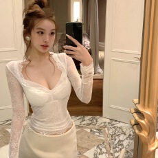 批发OYFF凡凡塞纳花房法式设计感浮雕蕾丝V领<b class='q'>衬衫</b>女收腰<b class='q'>修身</b>上衣