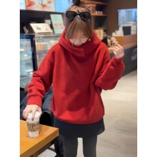 批发红色长袖连帽加绒卫衣女款加厚2025新款秋冬季宽松慵懒风女士上衣