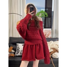 批发氛围感冬季红色时尚针织套装女新款一字肩麻花毛衣配蓬蓬裙两件套
