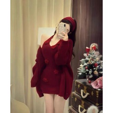 批发圣诞节新年红色<b class='q'>毛衣</b>套装<b class='q'>女</b>秋冬季穿搭一整天针织<b class='q'>开衫</b>吊带裙两件套