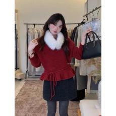批发温柔毛领荷叶边绑带毛衣女秋<b class='q'>冬</b>超好看慵懒宽松显瘦针织衫外套上衣