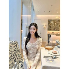 批发Hotdog 热狗很辣缪斯如梦精致气质蕾丝蝴蝶结短款长袖U领上衣