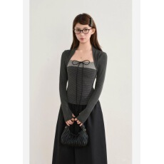 批发江江自制韩系撞色蝴蝶结系带波点元素坎肩假两件上衣T恤女