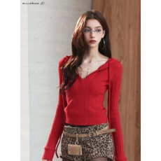 批发BulletNini修身V领连帽新年圣诞女秋冬学院风高智绞花针织