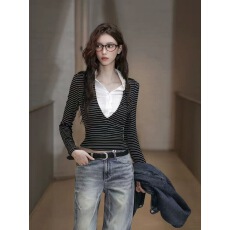 批发Bulletnini微透polo领天丝羊毛修身显瘦条纹假两件高智长袖打底女