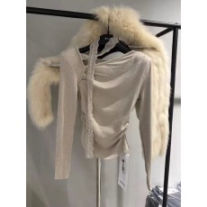 批发十三行2025冬新款修身斜领长袖T恤女磨毛设计感蕾丝飘带上衣女