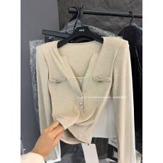 批发韩国东大门2025秋冬新款韩版套头V领撞色假两件长袖针织衫上衣女