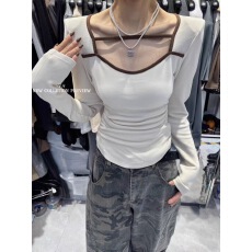 批发十三行2025秋冬韩版纯欲风方领长袖T恤女修身磨毛绒显瘦上衣女