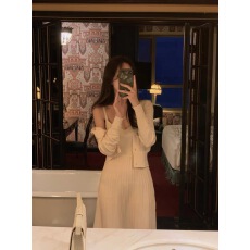 批发<b class='q'>韩国</b>chic秋冬复古V领单排扣长袖针织开衫U领收腰显瘦吊带<b class='q'>连衣裙</b>女