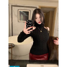 Fart Shop反叛名媛 高领麻花露肩毛衣秋冬收腰长袖打底衫女