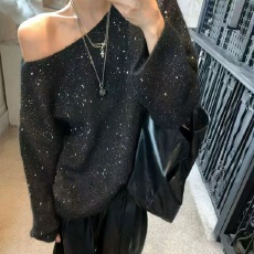 超美时尚宽松慵懒金闪闪亮片毛衣